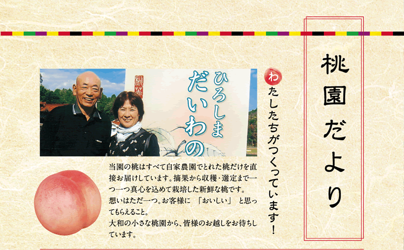 当園の桃はすべて自家農園でとれた桃だけを直接お届けしています。摘果から収穫・選定まで一つ一つ真心を込めて栽培した新鮮な桃です。想いはただ一つ。お客様に　「おいしい」　と思ってもらえること。大和の小さな桃園から、皆様のお越しをお待ちしています。