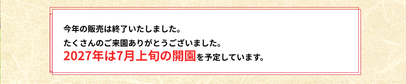 今年の販売は終了致しました。たくさんのご来園ありがとうございました。2026年は7月上旬の開園を予定しています。